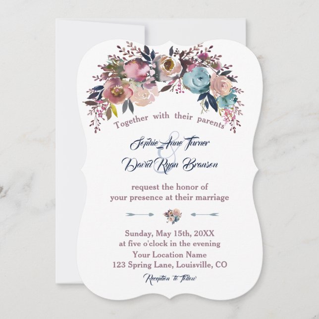 Wedding Invite | Dusty Blue Pink Floral Bouquet (Front)