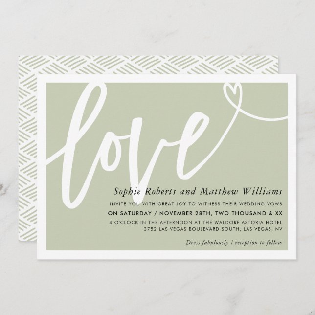 WEDDING INVITE love brush lettered sage green (Front/Back)