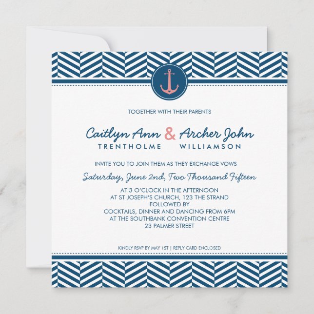 WEDDING INVITE nautical anchor heart navy coral (Front)