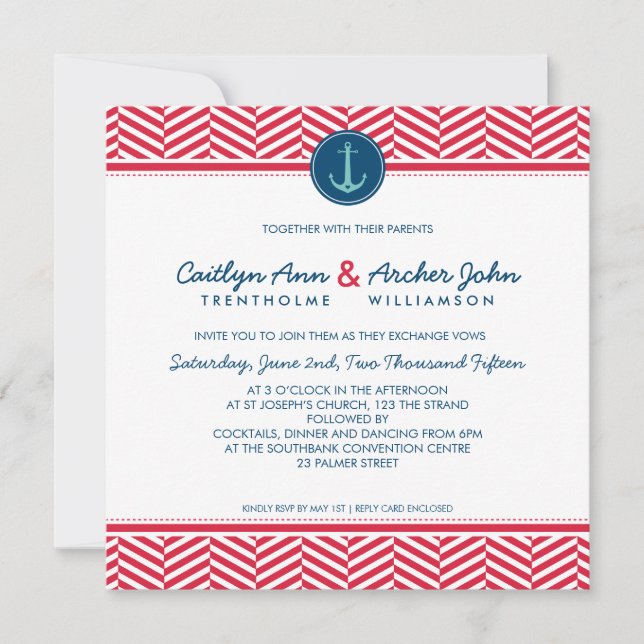 WEDDING INVITE nautical anchor heart navy red aqua (Front)