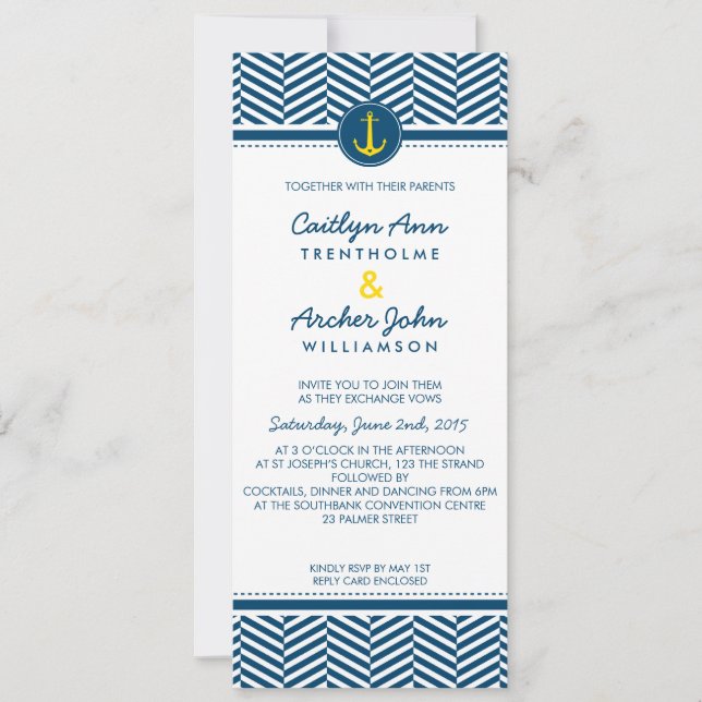 WEDDING INVITE nautical anchor heart navy yellow (Front)