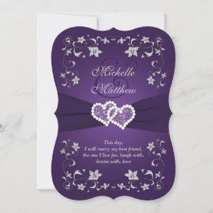 Wedding Invite Purple, Silver, Floral, Hearts