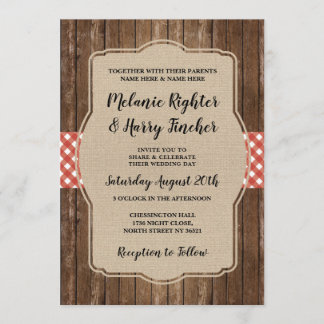 Wedding Invite Red Gingham BBQ Burlap