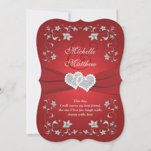 Wedding Invite Red, Silver, Floral, Hearts