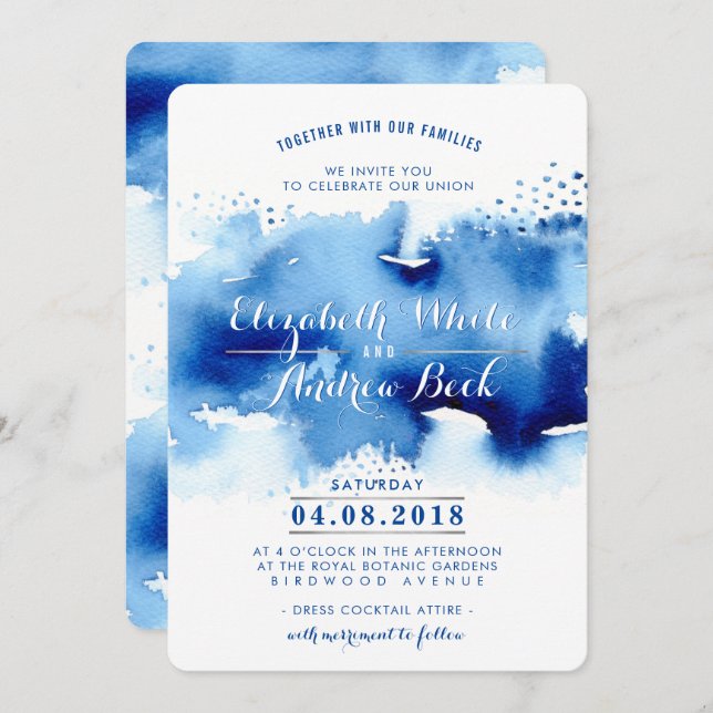 WEDDING INVITE stylish chic watercolor beach blue (Front/Back)