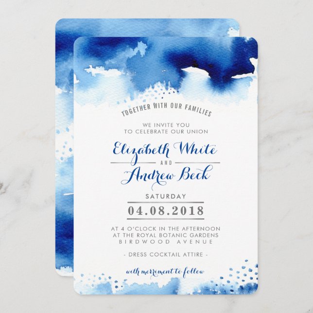 WEDDING INVITE stylish chic watercolor dark blue (Front/Back)