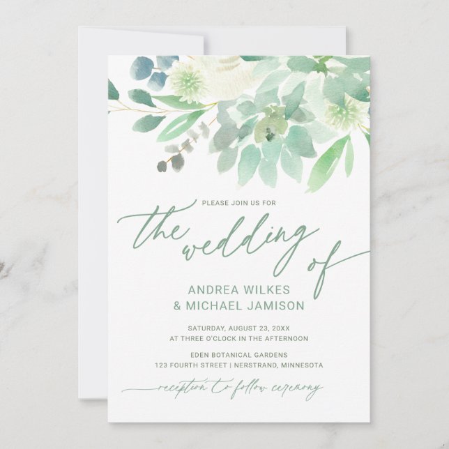 Wedding Invite Succulent Cactus Watercolor Green (Front)