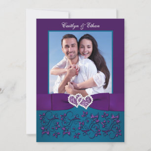 Wedding Invite   Teal, Purple Hearts   Photo