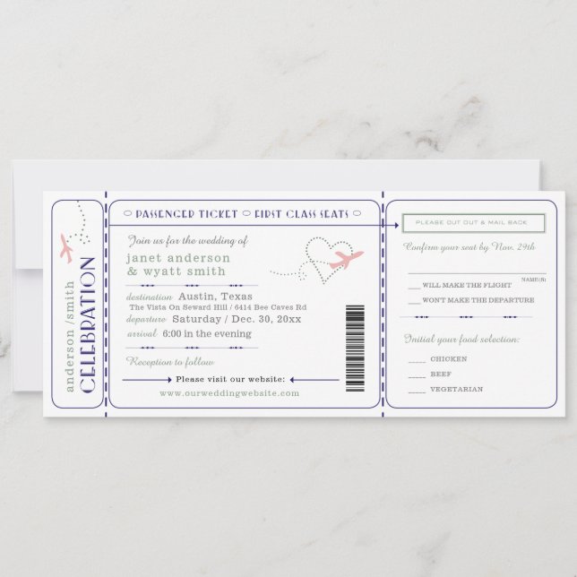 Wedding Invite Travel Boarding Pass Rsvp Meals (Front)