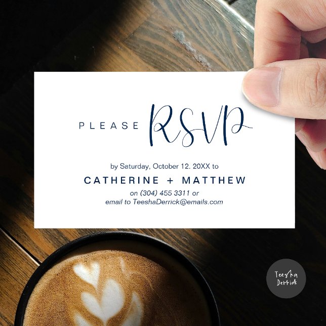 Wedding Invites RSVP Modern Minimalist Reminder (Wedding Invitation RSVP Modern Minimalist Design Reminder Email Phone Texting in Classy Navy Blue)
