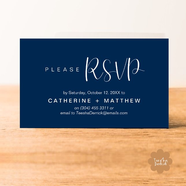 Wedding Invites RSVP Modern Minimalist Reminder (Wedding Invitation RSVP Modern Minimalist Design Reminder Email Phone Texting in Classy Navy Blue)