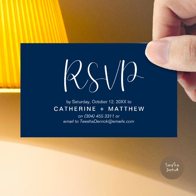 Wedding Invites RSVP Modern Minimalist Reminder (Wedding Invitation RSVP Modern Minimalist Design Reminder Email Phone Texting in Classy Navy Blue)