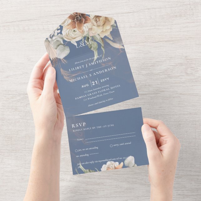 Wedding Invites with RSVP | BOHO Pampas Grass  (Tearaway)