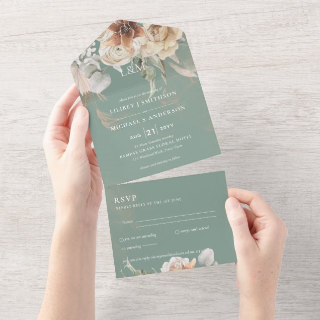 Wedding Invites with RSVP | BOHO Pampas Grass  (Tearaway)
