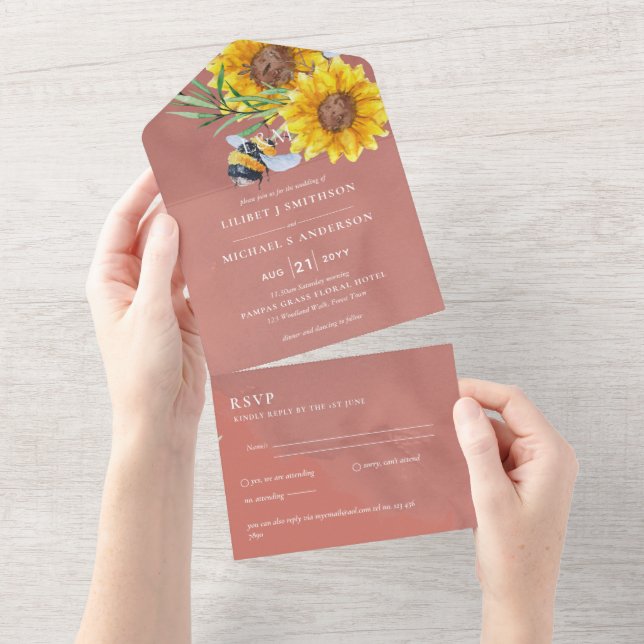 Wedding Invites with RSVP Rustic Sunflowers Bees (Tearaway)