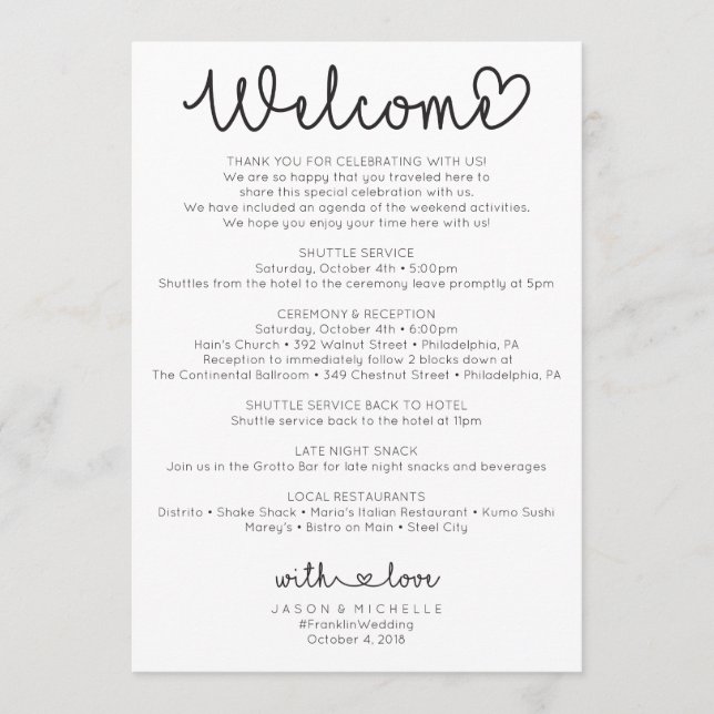 Wedding Itinerary - Wedding Welcome - Love Script Program (Front)