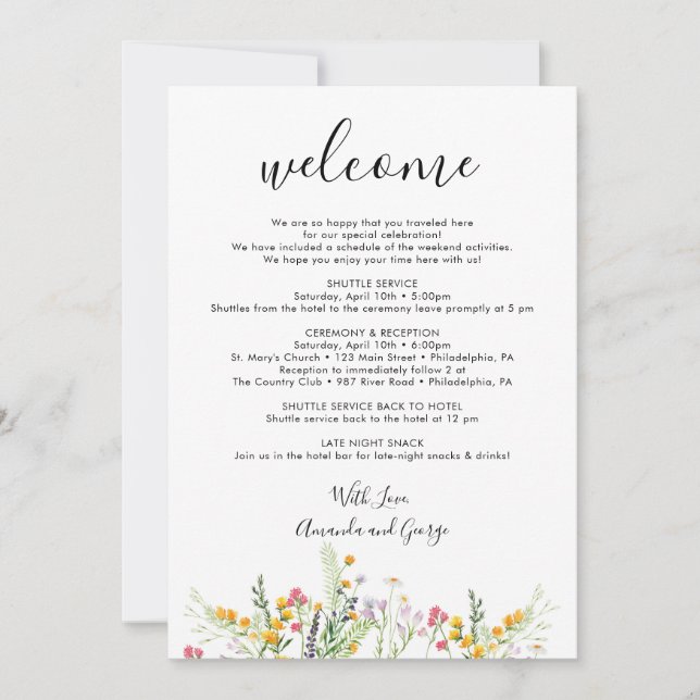 Wedding Itinerary Welcome Bag Letter Wildflowers Holiday Card (Front)