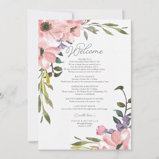 Wedding Itinerary - Welcome Letter Tea Rose Invitation (Front)