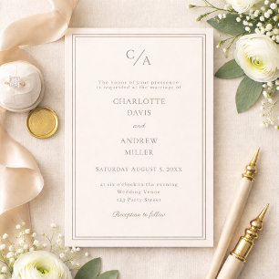 Wedding ivory taupe monogrammed simple invitation