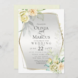 Wedding   Ivory Yellow Blush Watercolor Roses Invitation