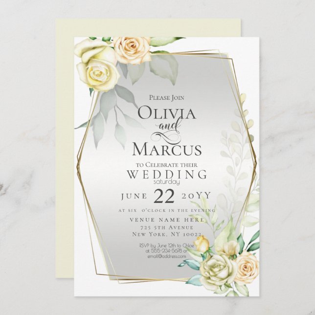 Wedding | Ivory Yellow Blush Watercolor Roses Invitation (Front/Back)