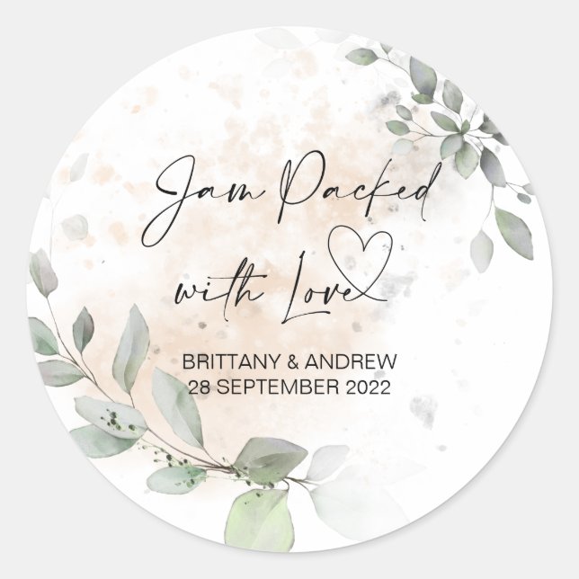 Wedding Jar Favor Jam Packed With Love Eucalyptus Classic Round Sticker (Front)