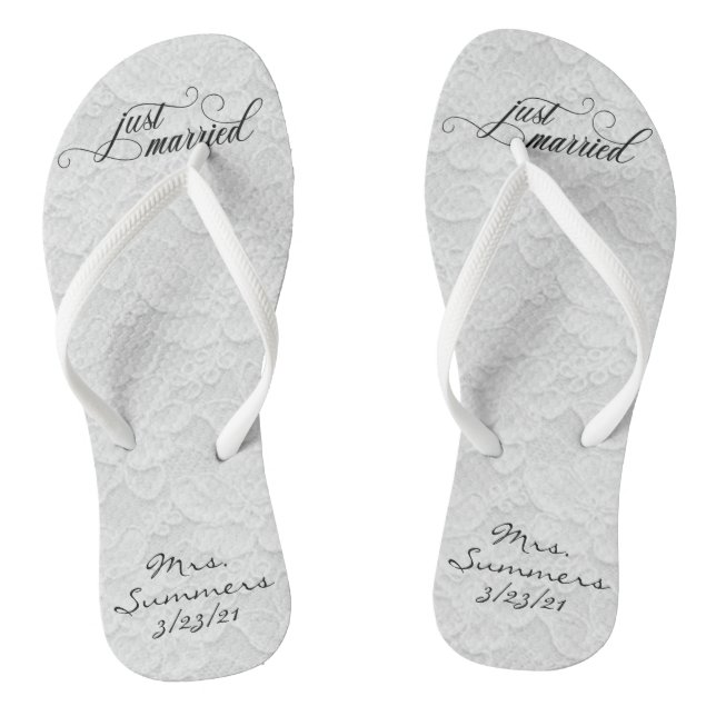 Wedding Just Married White Lace Personalised Bride Thongs (Footbed)
