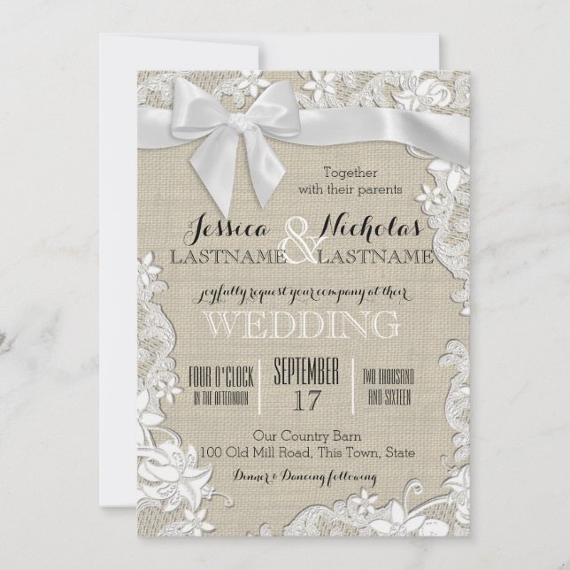 Wedding Lace and Bow Country Rustic Invitation (Front)