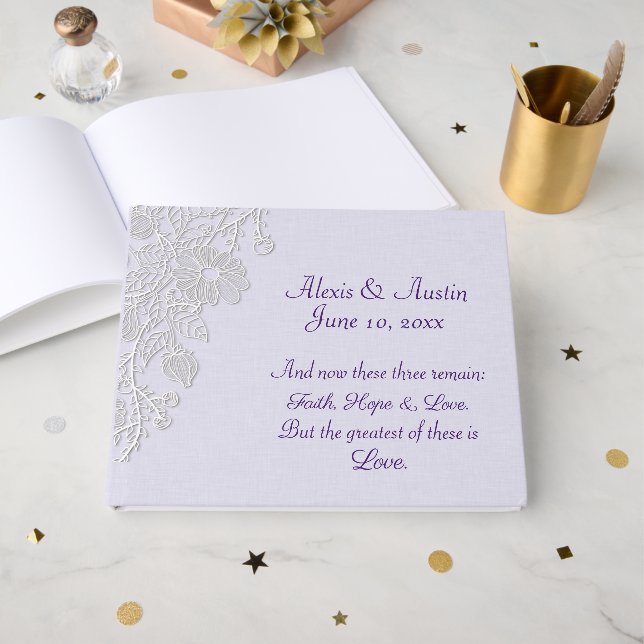 Wedding Lace and Scripture Verse On Lavender Guest Book (Front Open)
