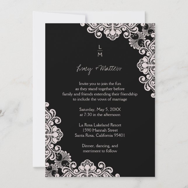 Wedding | Lace Effect | Classic Initials | Black Invitation (Back)