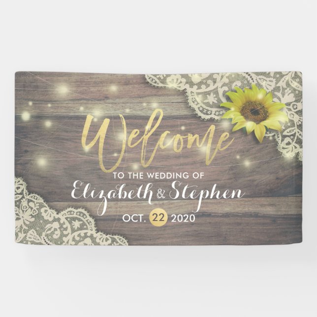 Wedding Lace Sunflower Rustic Wood & String Lights Banner (Horizontal)