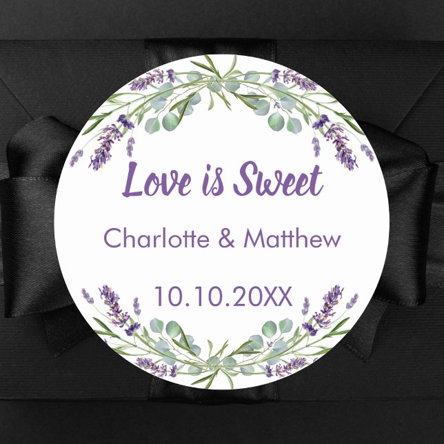 Wedding lavender eucalyptus Love is Sweet Classic Round Sticker (Creator Uploaded)