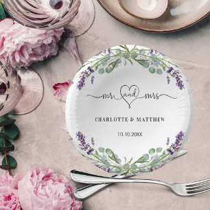 Wedding lavender eucalyptus mr mrs heart names paper plate