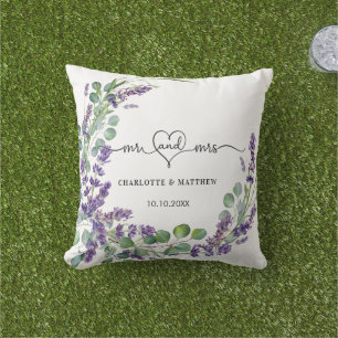 Wedding lavender eucalyptus wreath mr mrs names cushion