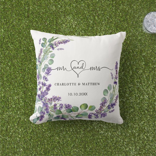 Wedding lavender eucalyptus wreath mr mrs names cushion (Grass)