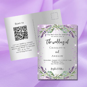 Wedding lavender silver eucalyptus QR-code RSVP Invitation Postcard