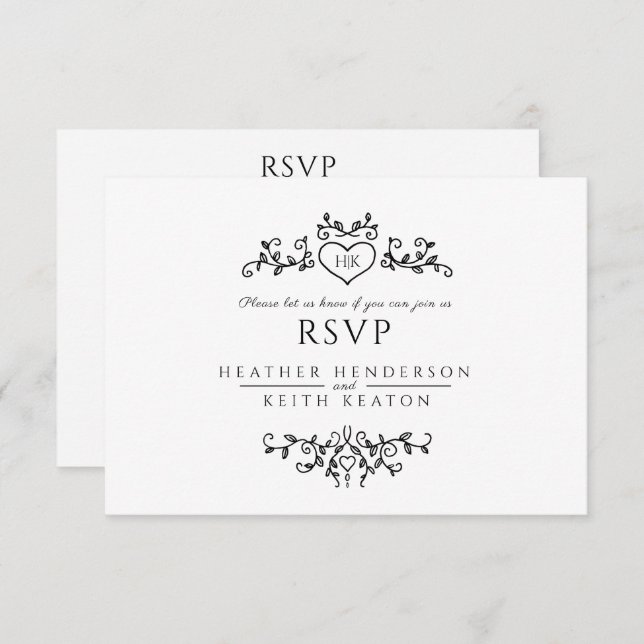 Wedding leaf art monogram black white meal wedding RSVP card (Front/Back)
