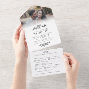 Wedding leaf line art heart monogram mono all in one invitation