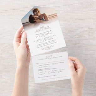 Wedding leaf line art heart monogram tan  all in one invitation