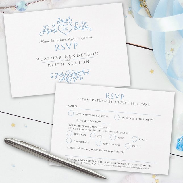 Wedding leaf line art monogram blue meal wedding RSVP card (Creator Uploaded)