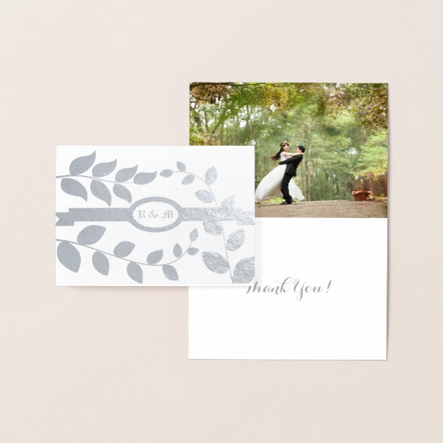 Wedding Leaves in Silver with Initials Custom Text Foil Card (Display)