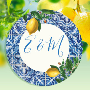 Wedding Lemon Blue Tile Monogram Summer Classic Round Sticker