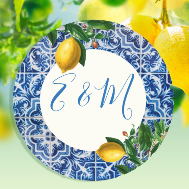 Wedding Lemon Blue Tile Monogram Summer Classic Round Sticker (Creator Uploaded)