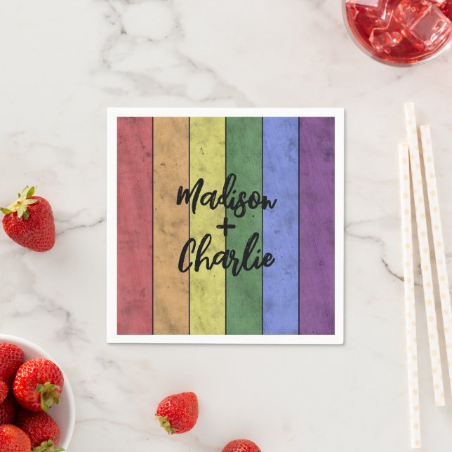 Wedding LGBT flag pride Vintage Custom Names Napkin (Insitu)