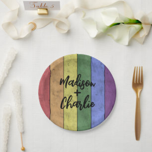 Wedding LGBT flag pride Vintage Custom Names Paper Plate