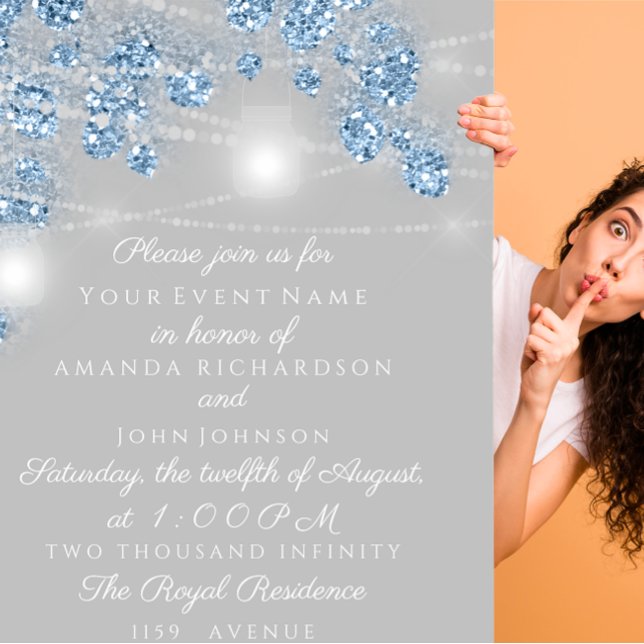 Wedding Lights Jars Rustic Glitter  Blue Grey Invitation (Wedding Lights Jars Rustic Glitter Blue Gray Invitation)