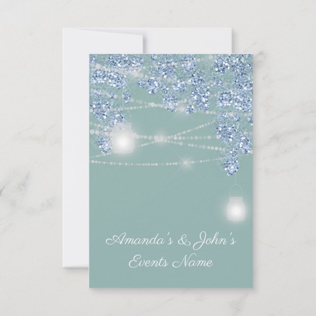 Wedding Lights Jars Rustic Glitter  Blue Mint Invitation (Back)