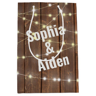 Wedding Lights On Wood With Names Medium Gift Bag