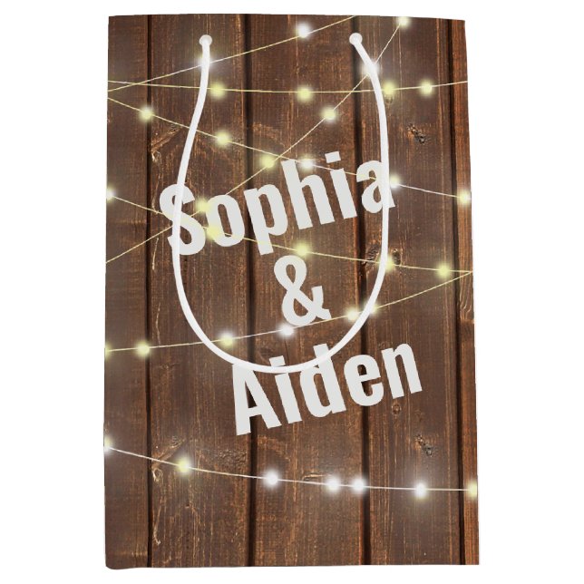 Wedding Lights On Wood With Names Medium Gift Bag (Front)