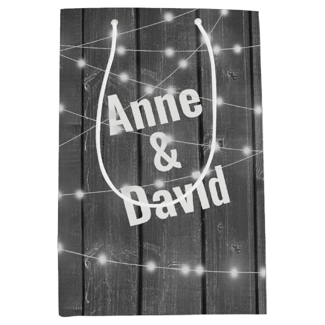 Wedding Lights On Wood With Names Medium Gift Bag (Front)